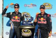 NASCAR Sprint Cup Series driver Kasey Kahne (left) and crew chief Kenny Francis pose with trophy - Source: Imagn